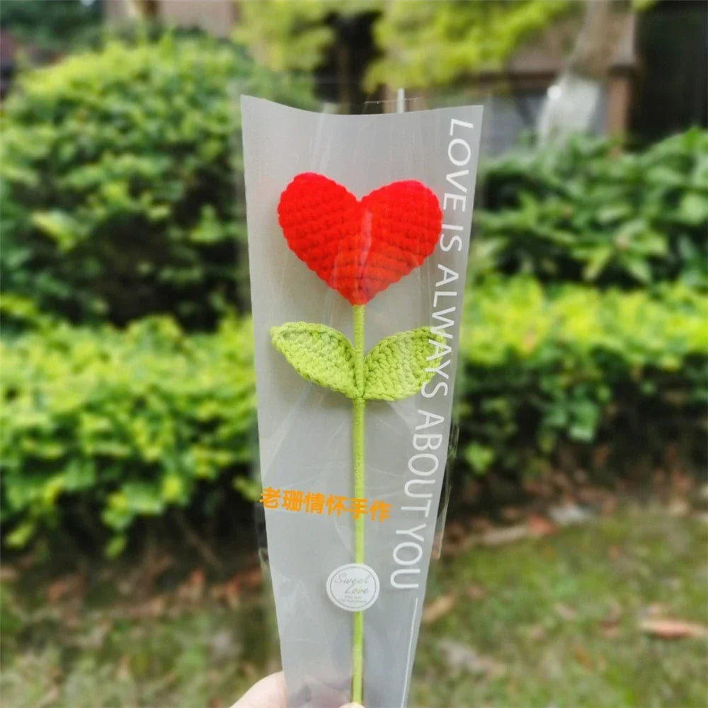 DecorBites™ Hand Woven Love Heart Yarn Crochet Flower Bouquet with Green Leafy Branch