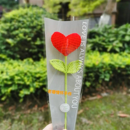 DecorBites™ Hand Woven Love Heart Yarn Crochet Flower Bouquet with Green Leafy Branch