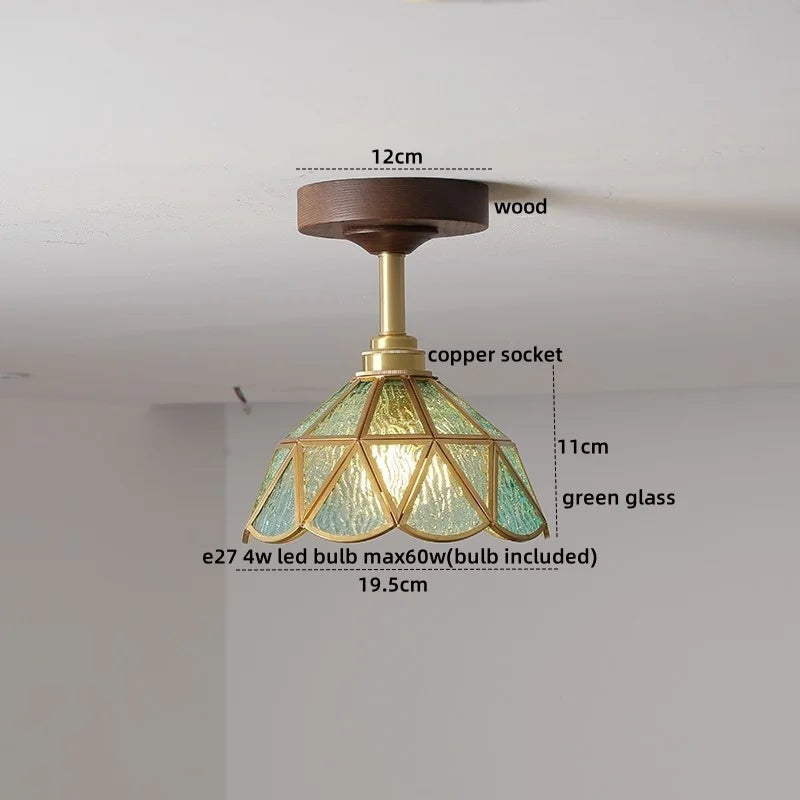 Green Glass Ceiling Lamp Copper Wood Accent