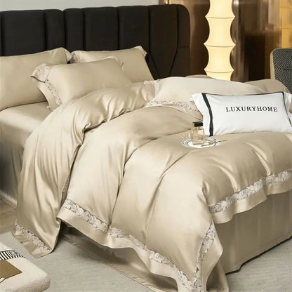 Decobites Soft Silky Lyocell Cotton Bedding Set with Hollow Lace Wide Edge