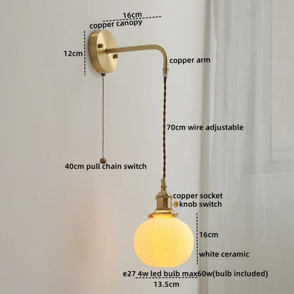 DecorBites™ Copper Ceramic LED Wall Light Pull Chain Switch Modern Bedroom Lamp