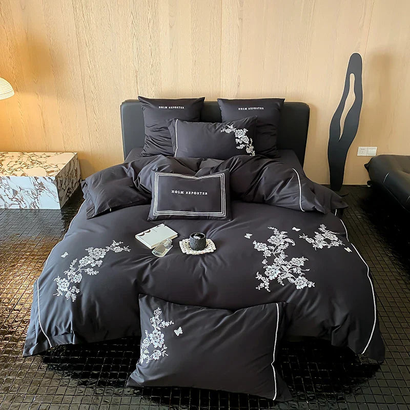 DecorBites™ Egyptian Cotton Flowers Embroidery Bedding Set in Black, Red, and Khaki