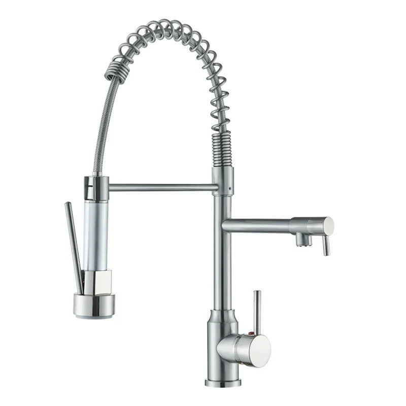 صنبور مطبخ أسود DecorBites™ مزود بنابض سحب للأسفل وفوهة مزدوجة وصنبور خلاط