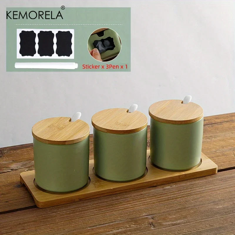 Conjunto de tarros de condimentos de cerámica retro japonesa Decorbites™ con bandeja - Organizador de cocina de 3 piezas