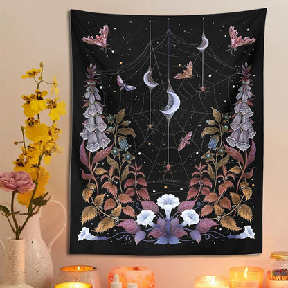 Decobites Witch Garden Tapestry Wall Hanging Moon Moth Tarot Psychedelic Decor