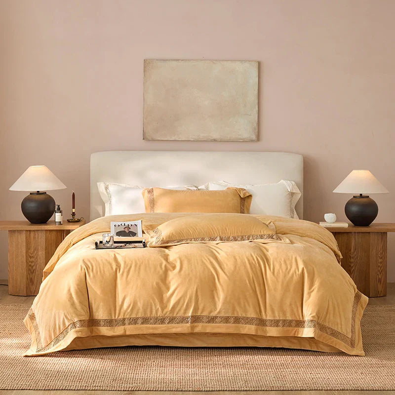 Luxury Gold Velvet Lace Duvet Bedding Set by Decobites, Cozy Furry Winter Collection