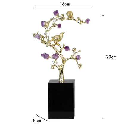 DecorBites™ Golden Tree Crystal Flower Brass Amethyst Decor with Golden Bird Figurines