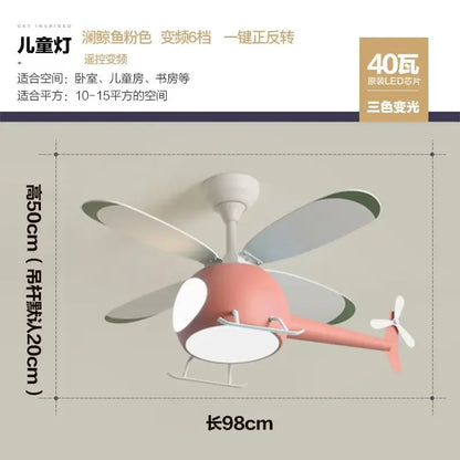 Ventilador de techo infantil DecorBites™ con forma de helicóptero y lámpara de araña con luz LED - Diseño moderno de aeronave