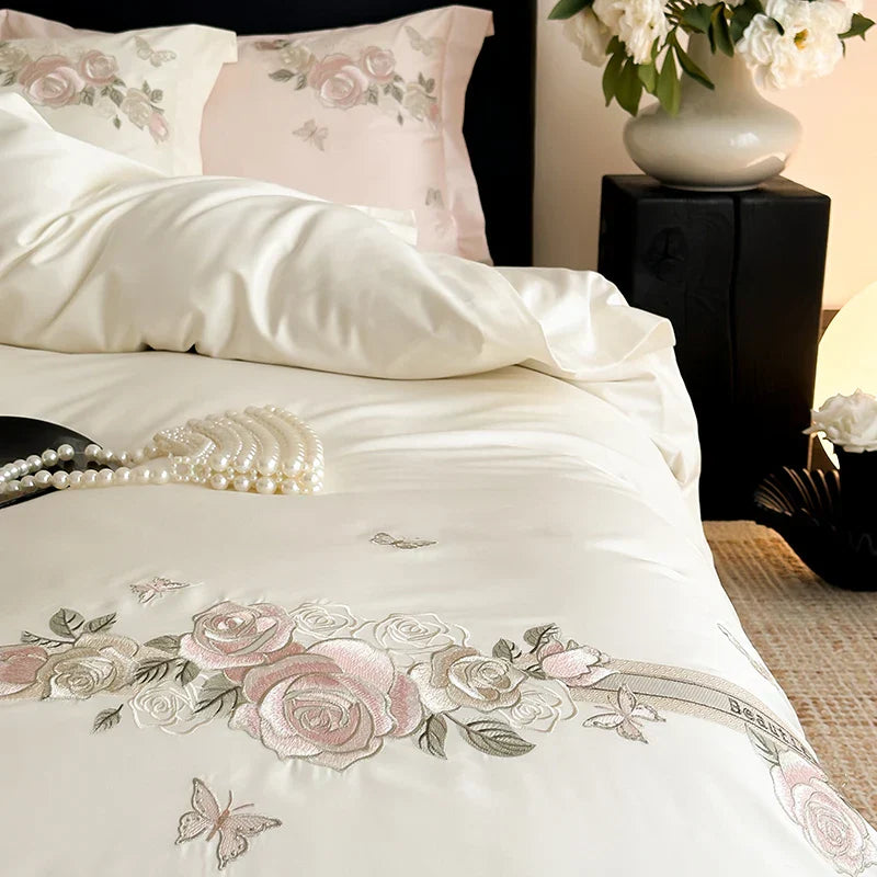 Decobites Vintage Rose Butterfly Embroidery Bedding Set 4Pcs