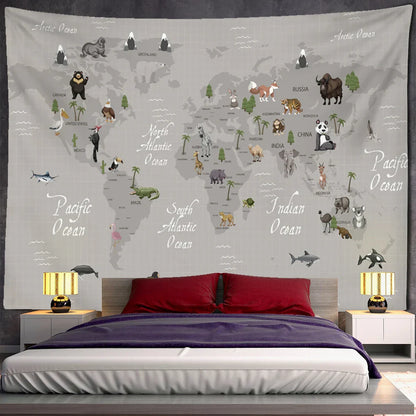 Decobites Cartoon Animals Map Tapestry Wall Hanging for Cute Children's Room Decor