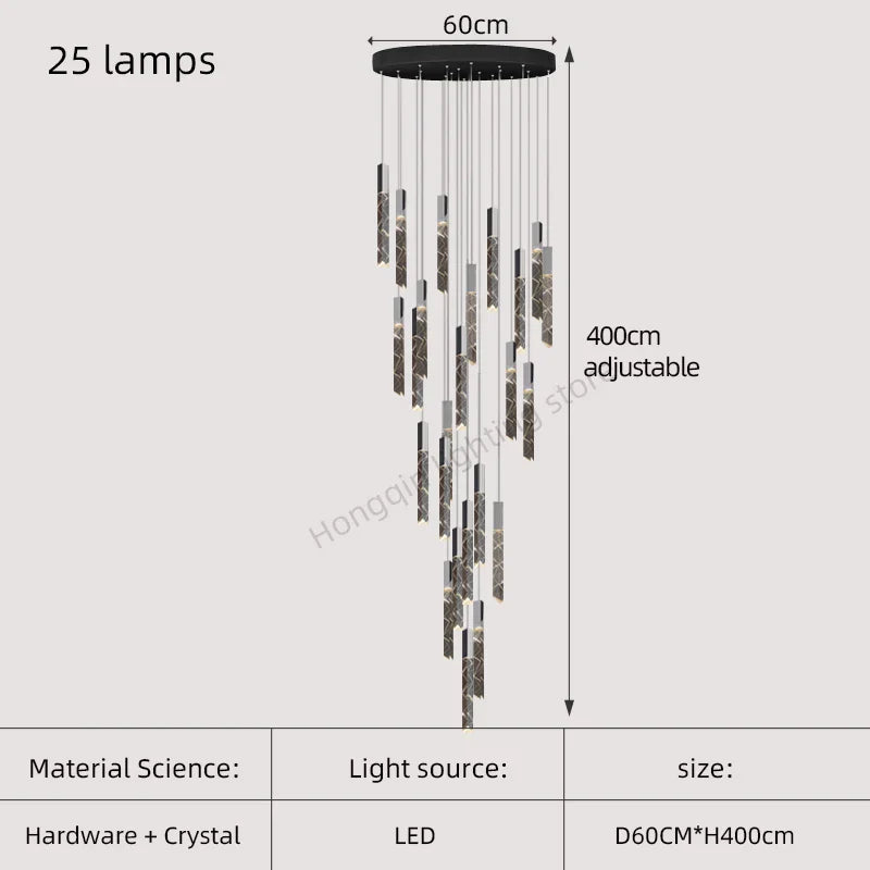 Gold Crystal Stair Chandelier 25-Lamp Design