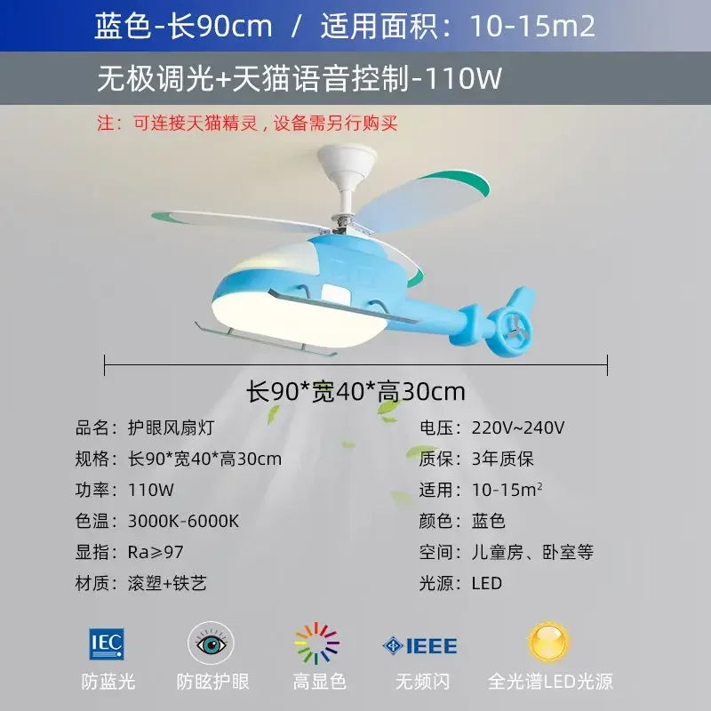 Decorbites™ Ventilador de Techo en Forma de Helicóptero Aeronave Lámpara de Techo Infantil Azul Rosa Luz para Habitación de Niños