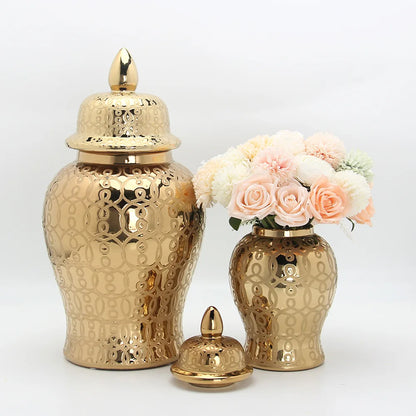 DecorBites™ Golden Pattern Porcelain Ginger Jar Vase with Lid for Home Decor