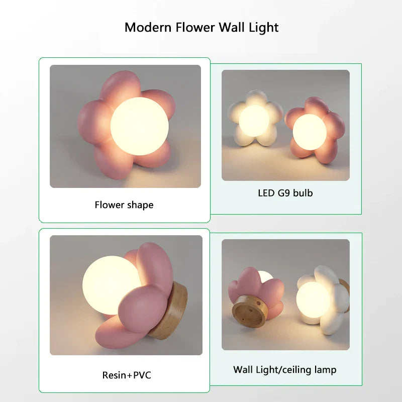 Lámpara de pared de resina de flores para niños Decorbites™ con bombilla LED G9 en blanco y rosa, decoración creativa para dormitorio