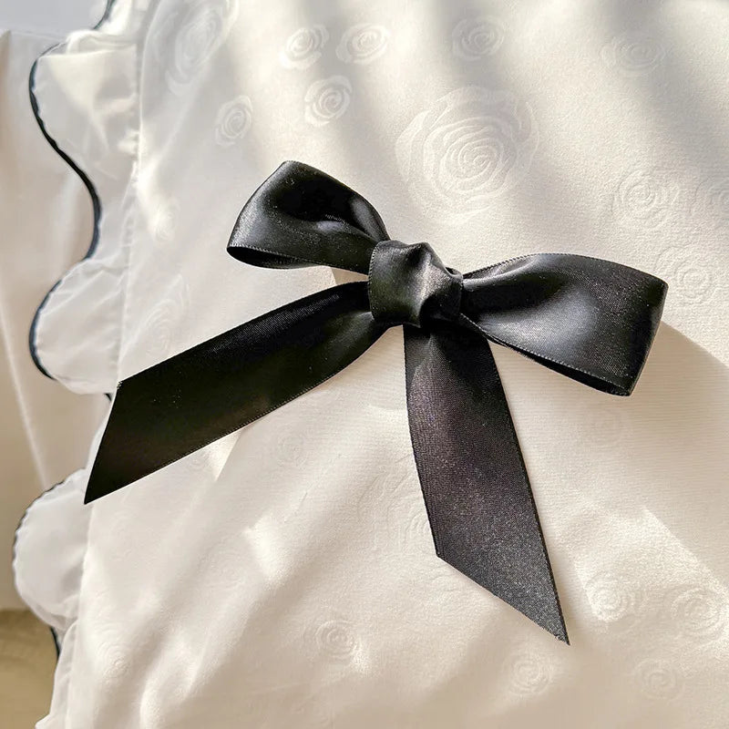 DecorBites™ Lace Bow Bed Skirt Bedding Set in Romantic Solid Color for King Queen Double Sizes