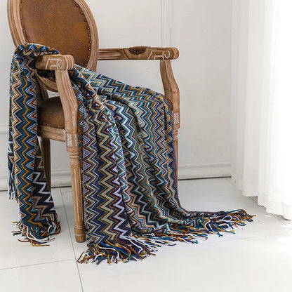 DecorBites™ Boho Knitted Striped Blanket with Tassels