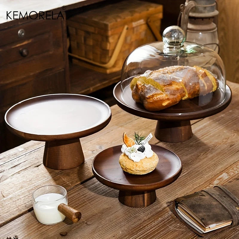 DecorBites™ Japanese Wooden Cake Tray with Glass Lid | Kitchen Food Storage Box