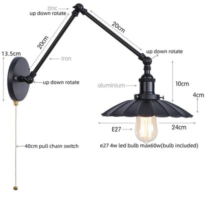 DecorBites™ Gold LED Industrial Wall Lamp with Pull Chain Switch