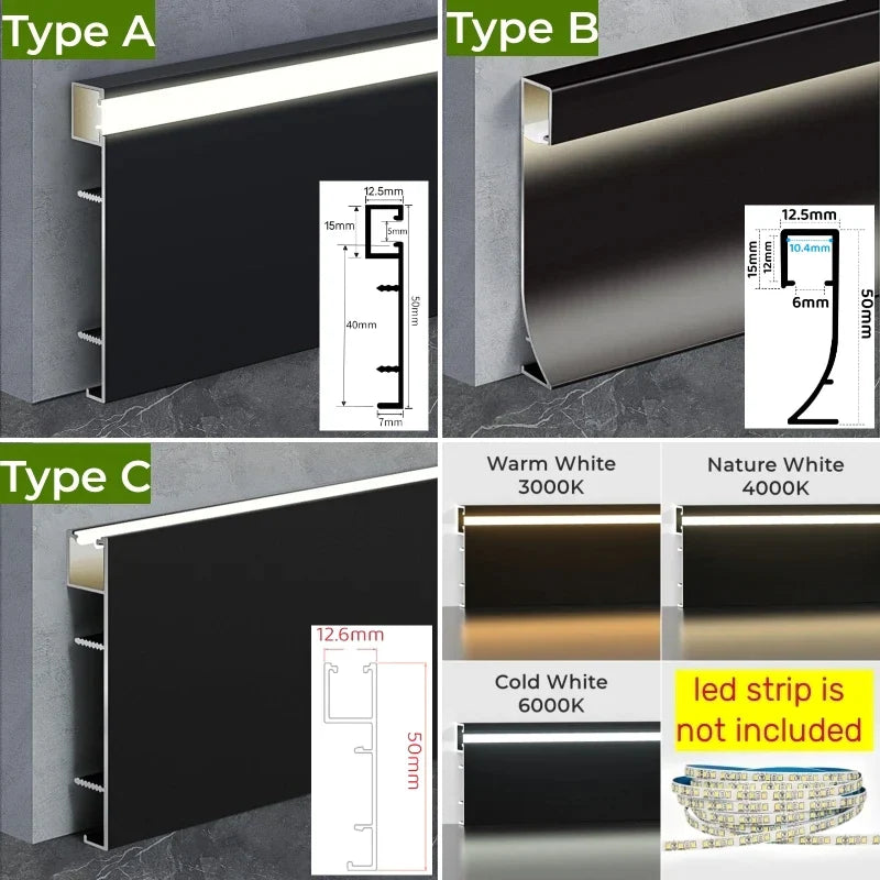 DecorBites™ LED Skirting Profile: Hidden Corner Recessed Aluminum Baseboard Light Strip