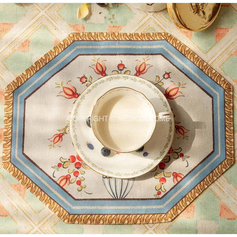 DecorBites™ Baroque Flowers Fringe Placemat Set- Luxury Cotton Linen Retro Hexagon Table Mats