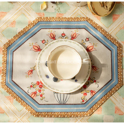 DecorBites™ Baroque Flowers Fringe Placemat Set- Luxury Cotton Linen Retro Hexagon Table Mats