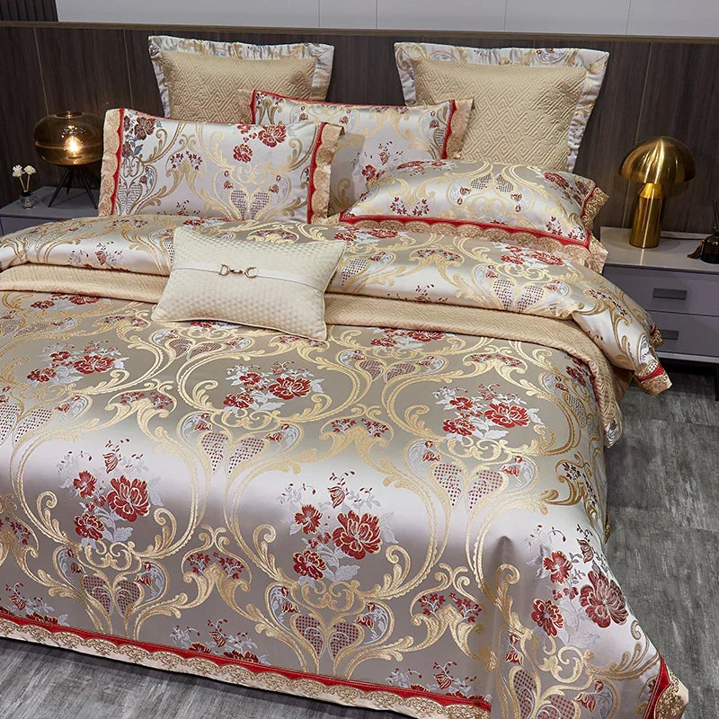 Decobites Silky Satin Jacquard Cotton Bedding Set, Luxury European Style, 4 or 6 Pcs