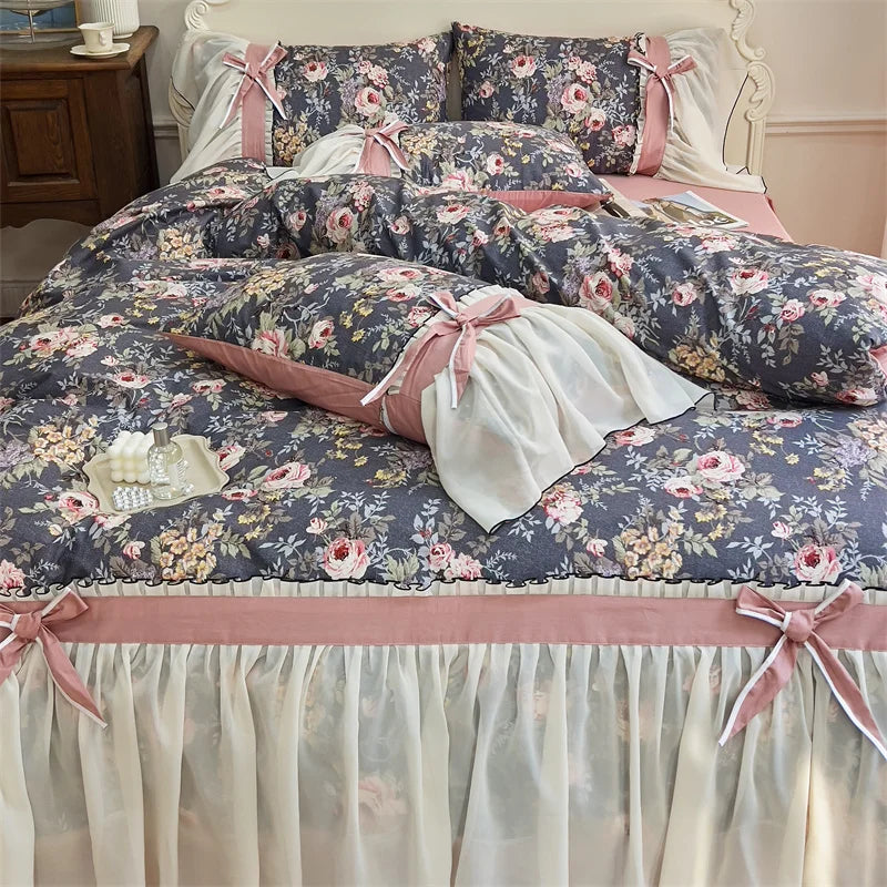 Decobites Chiffon Lace Ruffles Princess Egyptian Cotton Bedding Set