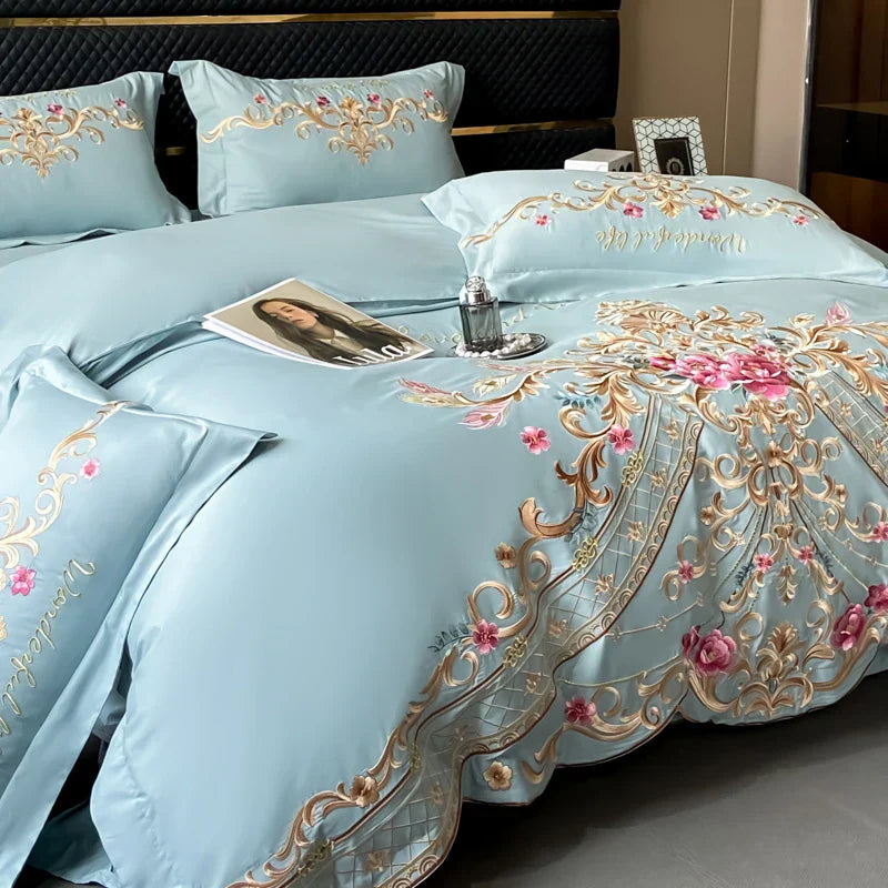 Decobites Exquisite Flowers Embroidery Bedding Set: Queen King Duvet Cover, Sheet, Pillowcases