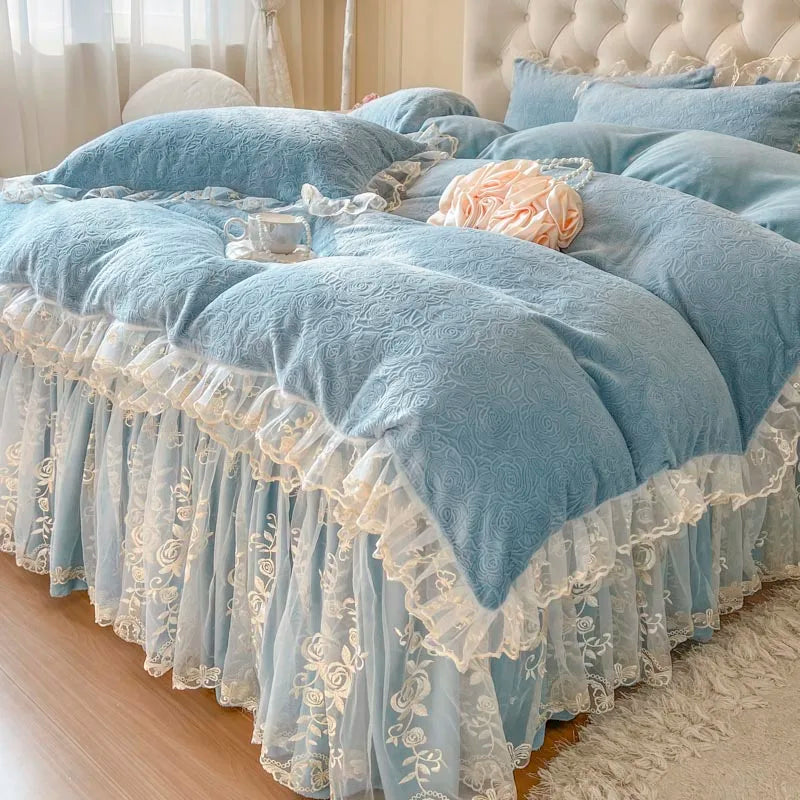 DecorBites™ Lace Princess Bedding Set with Velvet Bed Skirt & Quilt Cover