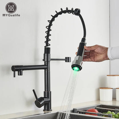 DecorBites™ LED Brushed Kitchen Faucet with Pull-Down Spring, Single Handle Swivel Spout