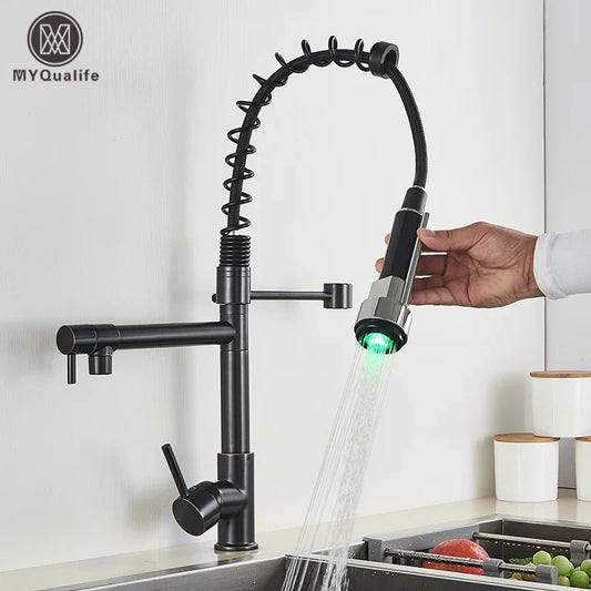 DecorBites™ LED Brushed Kitchen Faucet with Pull-Down Spring, Single Handle Swivel Spout