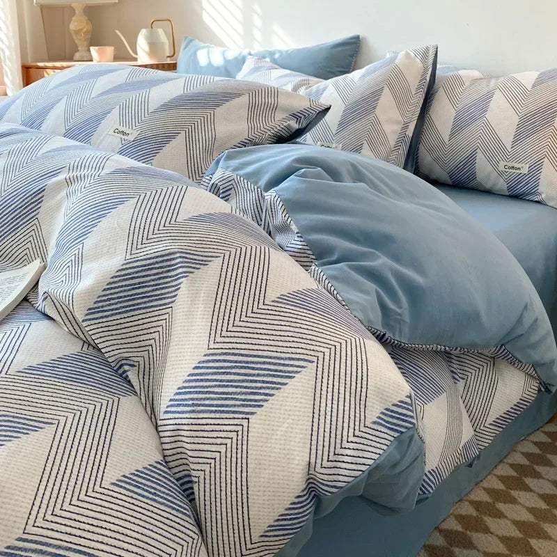 DecorBites™ Grid Printed Cotton Fitted Sheet Set - Double-Sided Mix Color Quilt Cover