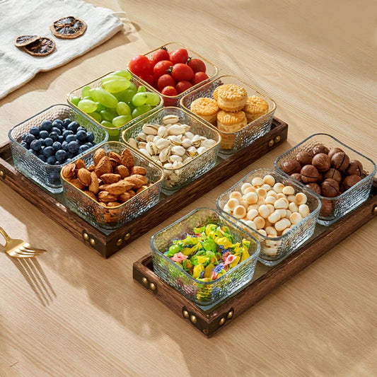 DecorBites™ Glass Wood Tea Table Tray, Rectangular Snack Food Fruit Bowl Serving Tray