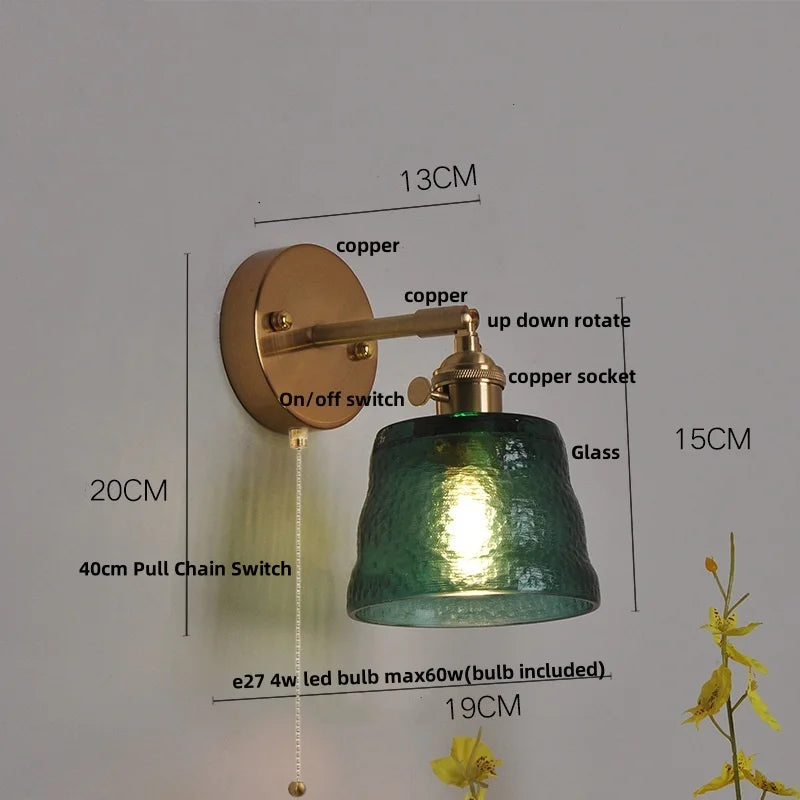 DecorBites™ Clear Glass LED Wall Lights Brass E27 Pull Chain Switch Bedside Lamp