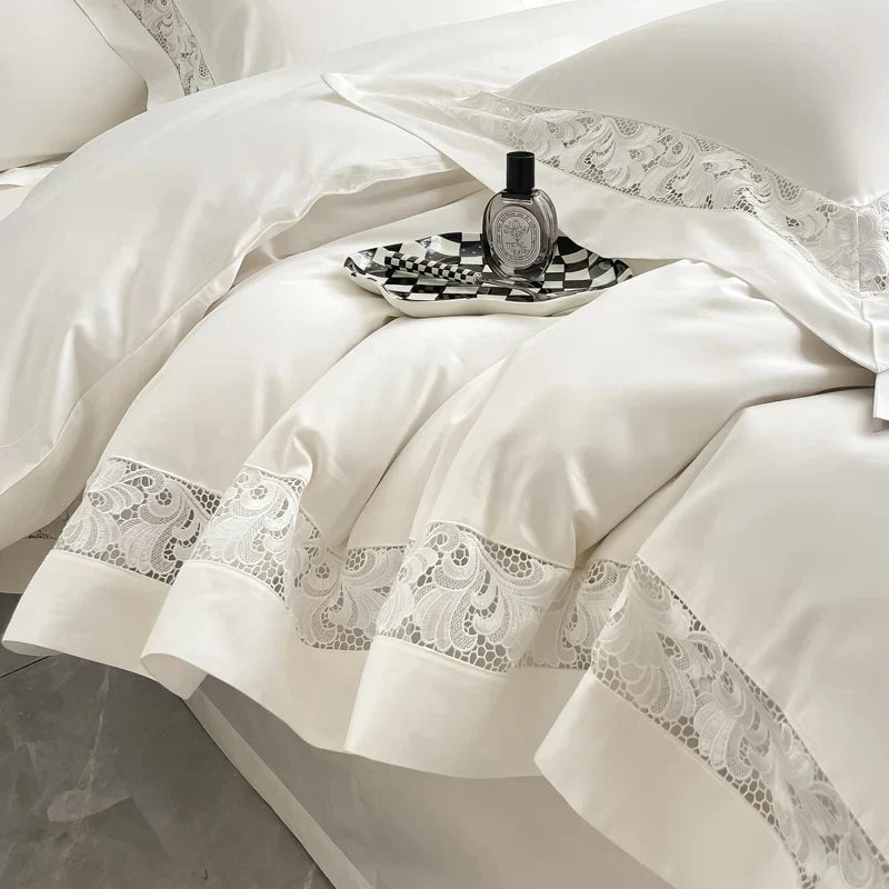 Decobites Lace Embroidery 1200TC Egyptian Cotton 4Pcs Bedding Set with Wide Hollow Design