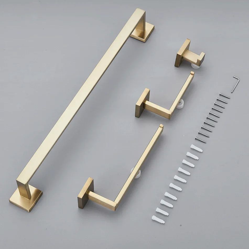 DecorBites™ Brushed Gold Bathroom Set: Towel Bar, Robe Hook, Shelf, Tissue Holder & Accessories