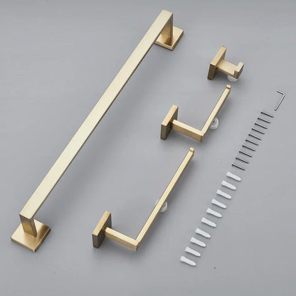 DecorBites™ Brushed Gold Bathroom Set: Towel Bar, Robe Hook, Shelf, Tissue Holder & Accessories