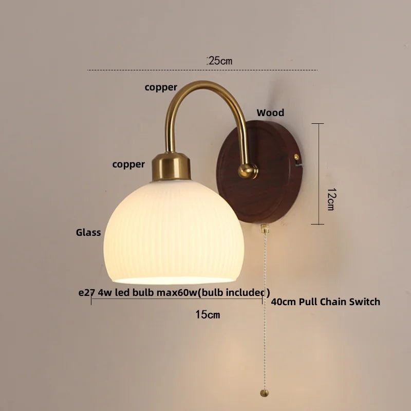 DecorBites™ LED Wall Light Glass Fixture Pull Chain Switch Wood Bedside Sconce
