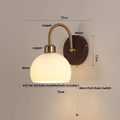 DecorBites™ LED Wall Light Glass Fixture Pull Chain Switch Wood Bedside Sconce