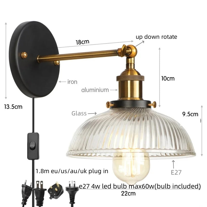 Decorbites™ Glas-Industrie-LED-Wandleuchte mit Zugschalter, Vintage-Nachttischlampe