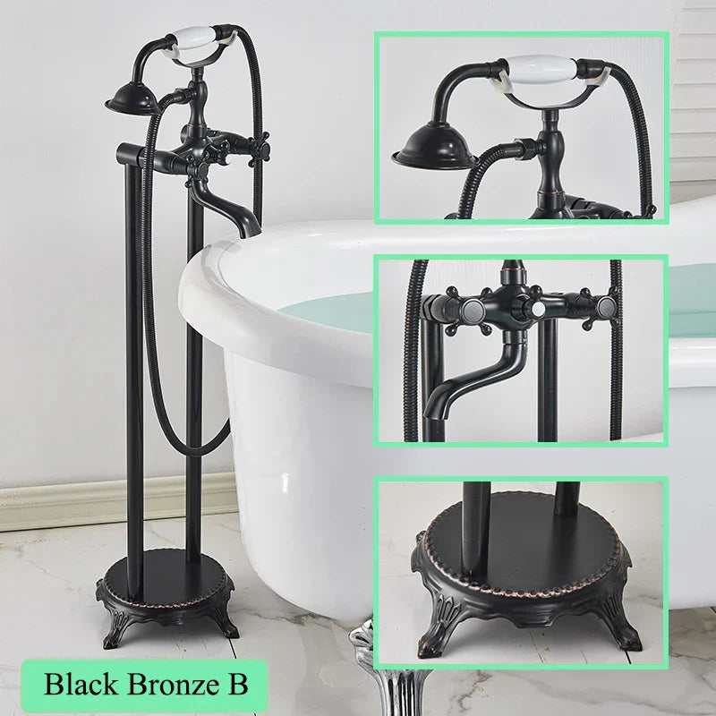 DecorBites™ Brass Freestanding Bathtub Filler with Handshower, Dual Handles & Shower Set