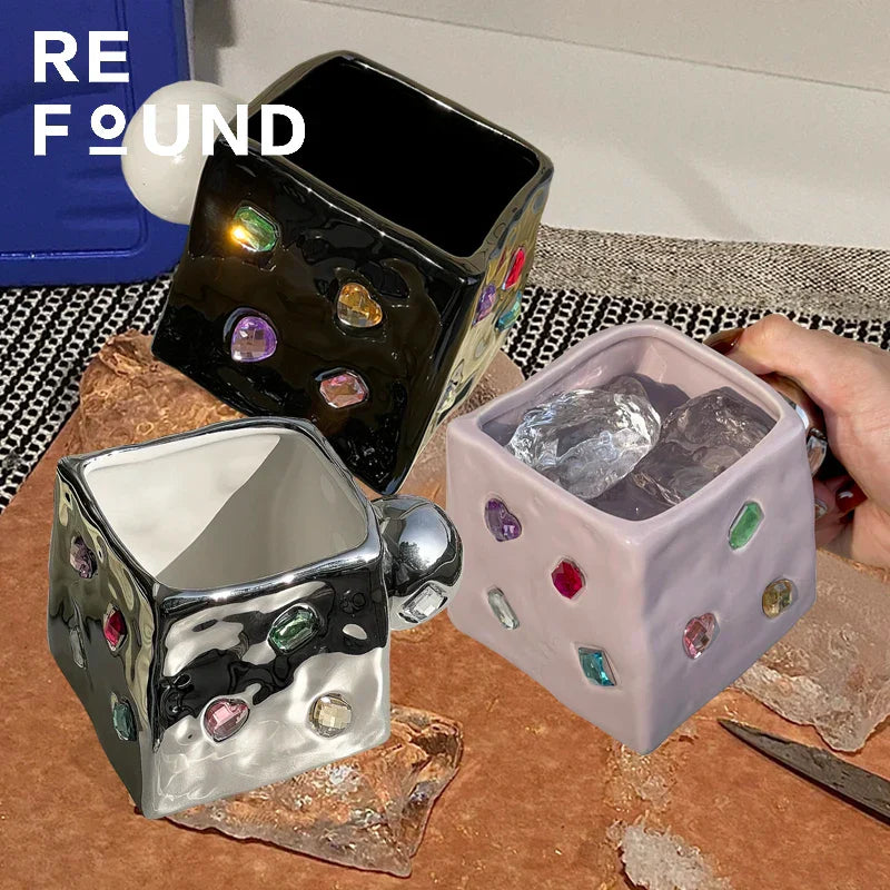 DecorBites™ Diamond Ceramic Square Americana Coffee Mug Set - Handcrafted Jewelry Inspired Drinkware