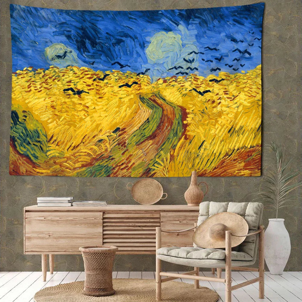 DecorBites™ Golden Field Oil Painting Tapestry Wall Hanging - Retro Hippie Art Decor