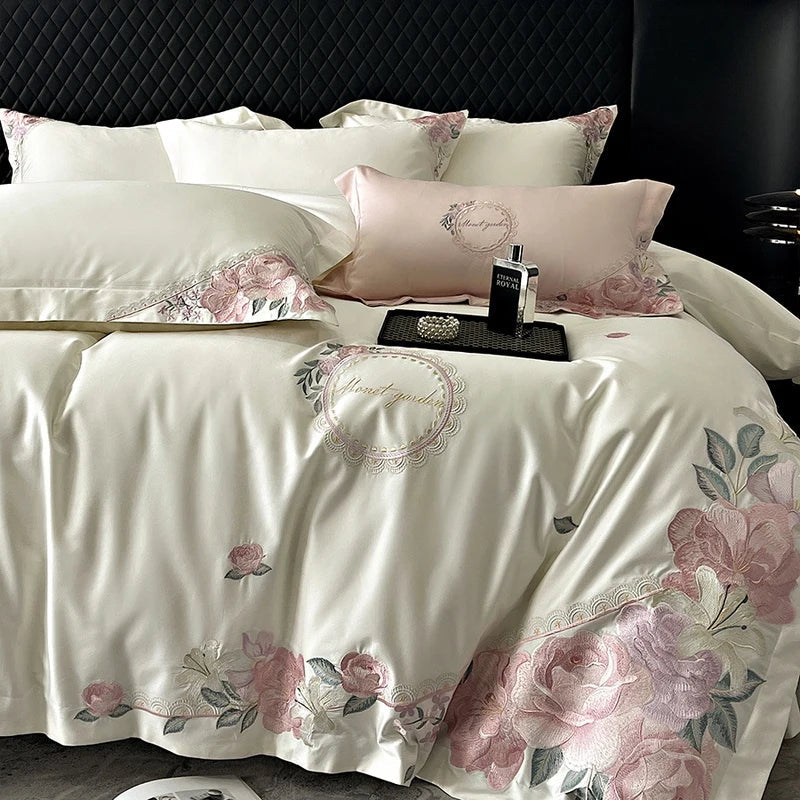 DecorBites™ French Flowers Embroidery Luxury Bedding Set in 1000TC Egyptian Cotton