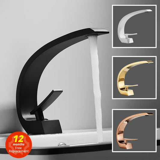 DecorBites™ Black/Gold Basin Faucet Modern Bathroom Mixer Tap, Single Handle Waterfall Hot Cold