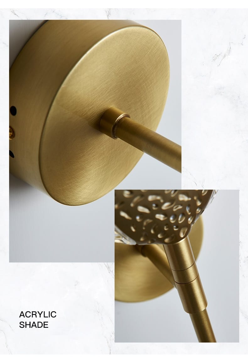 gold-finished metal led wall lamp with a textured perforated acrylic shade for indoor lighting in bedrooms.