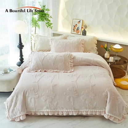 Velvet Ruffles Luxury Bedding Set by Decobites: 3D Carved Plush Duvet Cover, Bed Sheet, Pillowcase