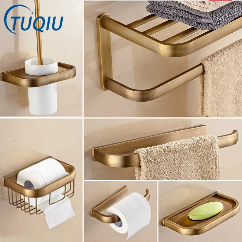 DecorBites™ Antique Bronze Bathroom Accessory Set: Shelf, Towel Rack, Holder, Brush, Hanger, Hook