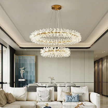 DecorBites™ Crystal Chandelier Flower Luxury Round Rings Hang Lamp for Indoor Spaces