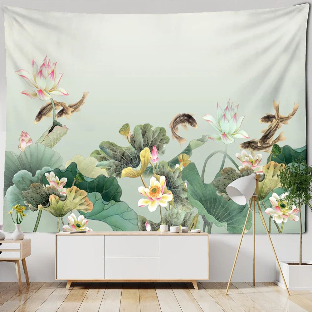 Decorbites™ Koi-Lotus-Tinten-Gobelin-Wandbehang – Bohème-Ästhetik für die Hausdekoration